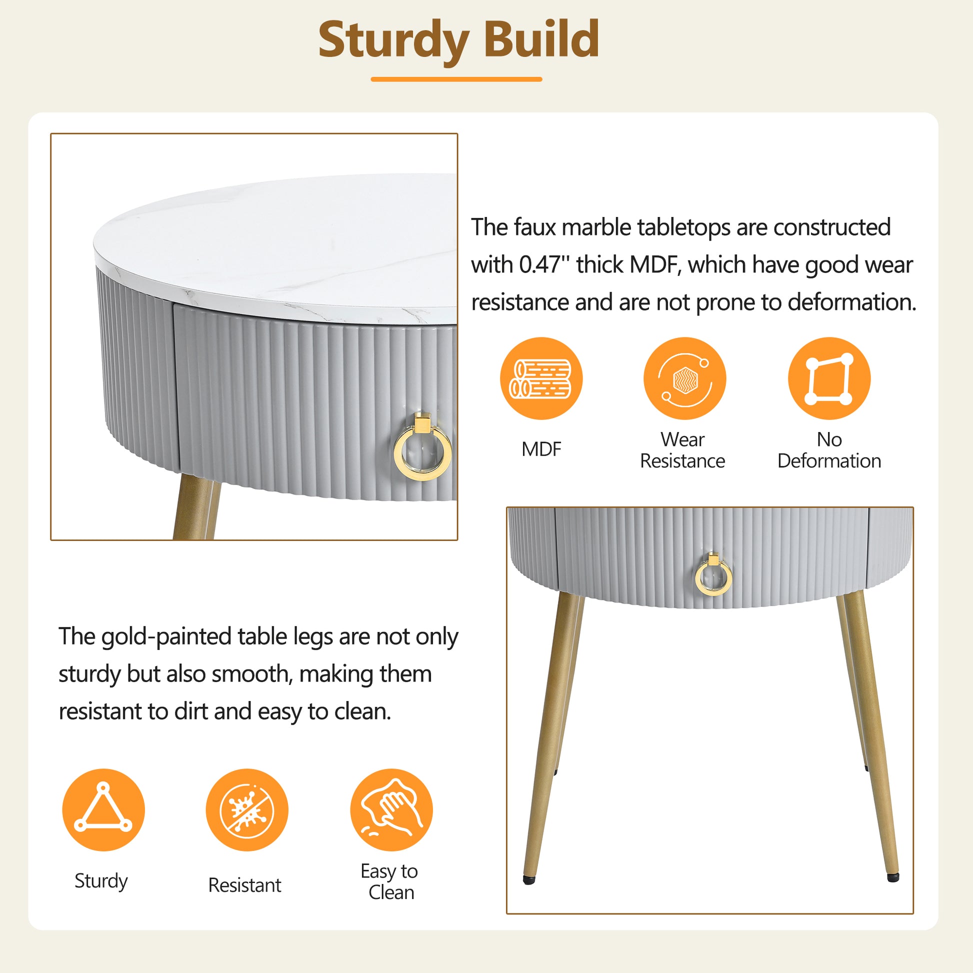 19.6'' Easy Assembly End Tables With High Gloss Faux Marble Tabletops, Set Of 2, Modern Fluted 2 Side Tables With Drawers, Round Coffee Tables With Golden Legs For Living Room, Grey Grey Gold Primary Living Space Drawers Round Mdf Iron