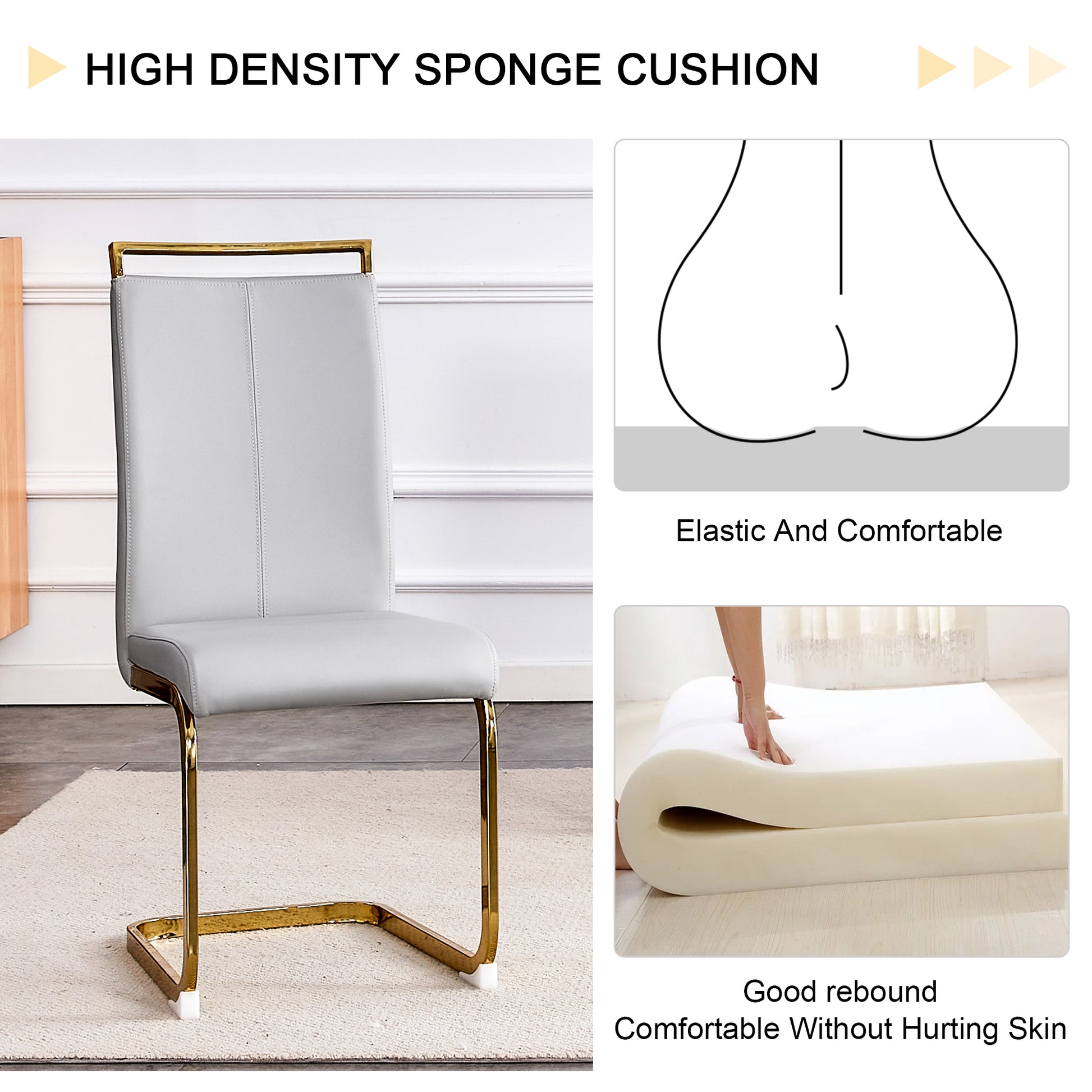 Table And Chair Set.Large Modern Rectangular Table With 0.4 Inch Patterned Glass Tabletop And Large Mdf Table Legs.Comes With 8 Chairs With Faux Leather Cushioned Seats And Golden Metal Legs. Gold White Seats 8 Mdf Glass