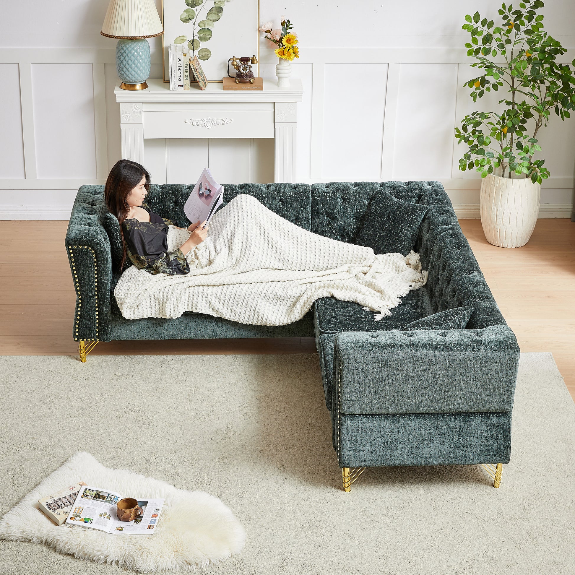 81.5 Inch Chenille Corner Sofal Shaped Sectional Couch, 5 Seater Corner Sofas With 3 Cushions For Living Room, Bedroom, Apartment, Office Green Foam Chenille 5 Seat