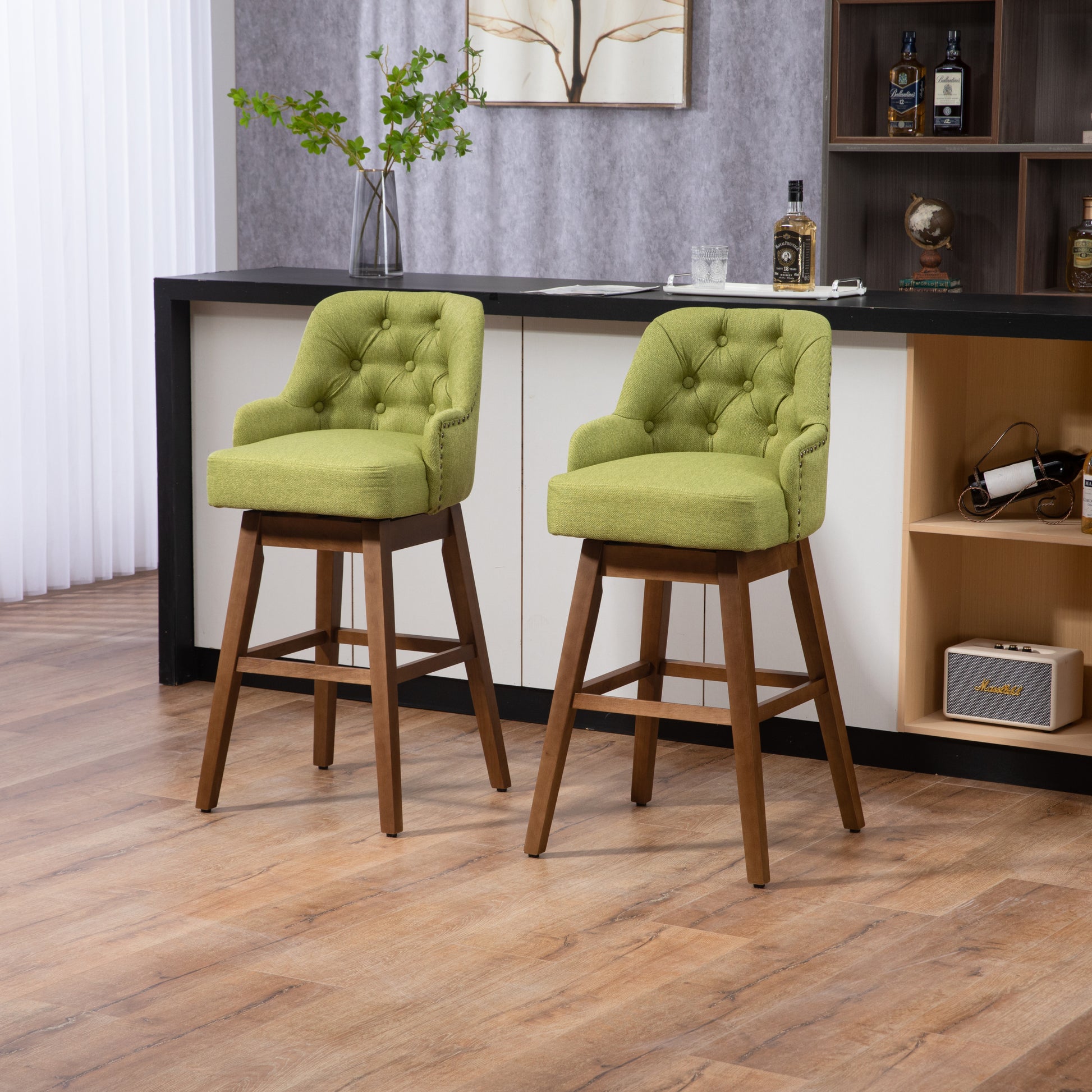 Coolmore Bar Stools Set Of 2 Counter Height Chairs With Footrest For Kitchen, Dining Room And 360 Degree Solid Wood Legs Swivel Bar Stools Set Of 2 Olive Linen Olive Foam Linen