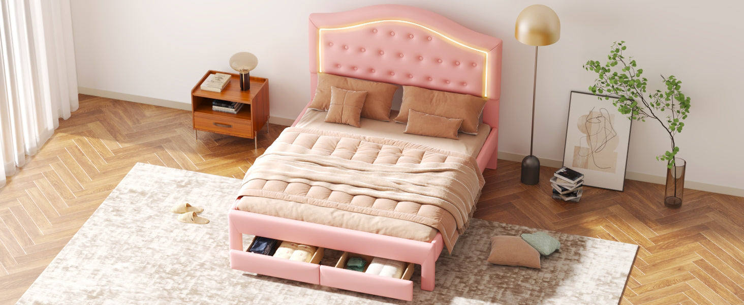 Queen Size Upholstered Platform Bed With Tufted Headboard, Led And 2 Drawers, Pink Box Spring Not Required Queen Pink Wood Bathroom Bed Frame Faux Leather Upholstered