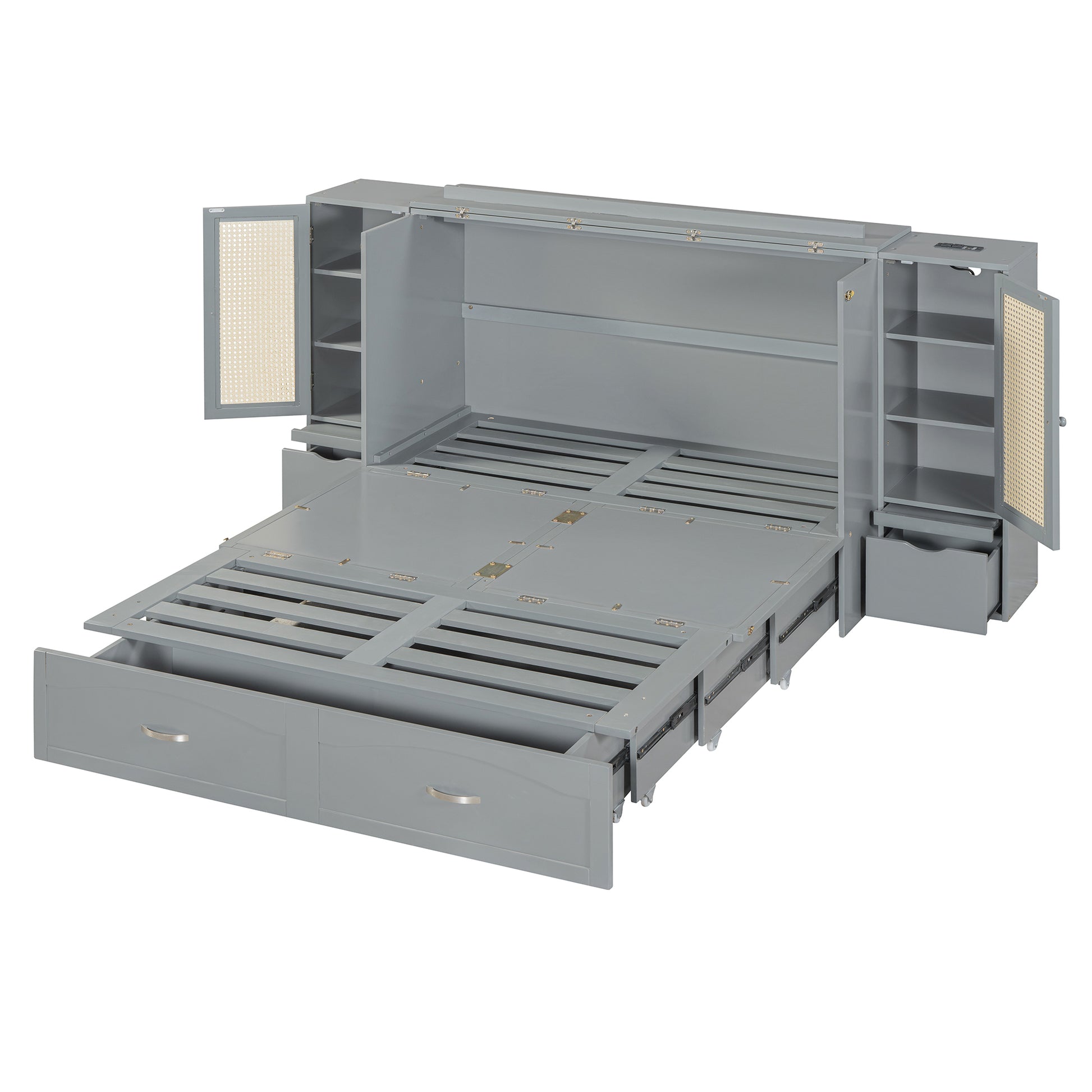 Full Size Murphy Bed Wall Bed With Drawer And Rattan Decoration With 2 Storage Cabinets, One Set Of Sockets & Usb Ports, Pulley Structure Design, Gray Full Gray Plywood