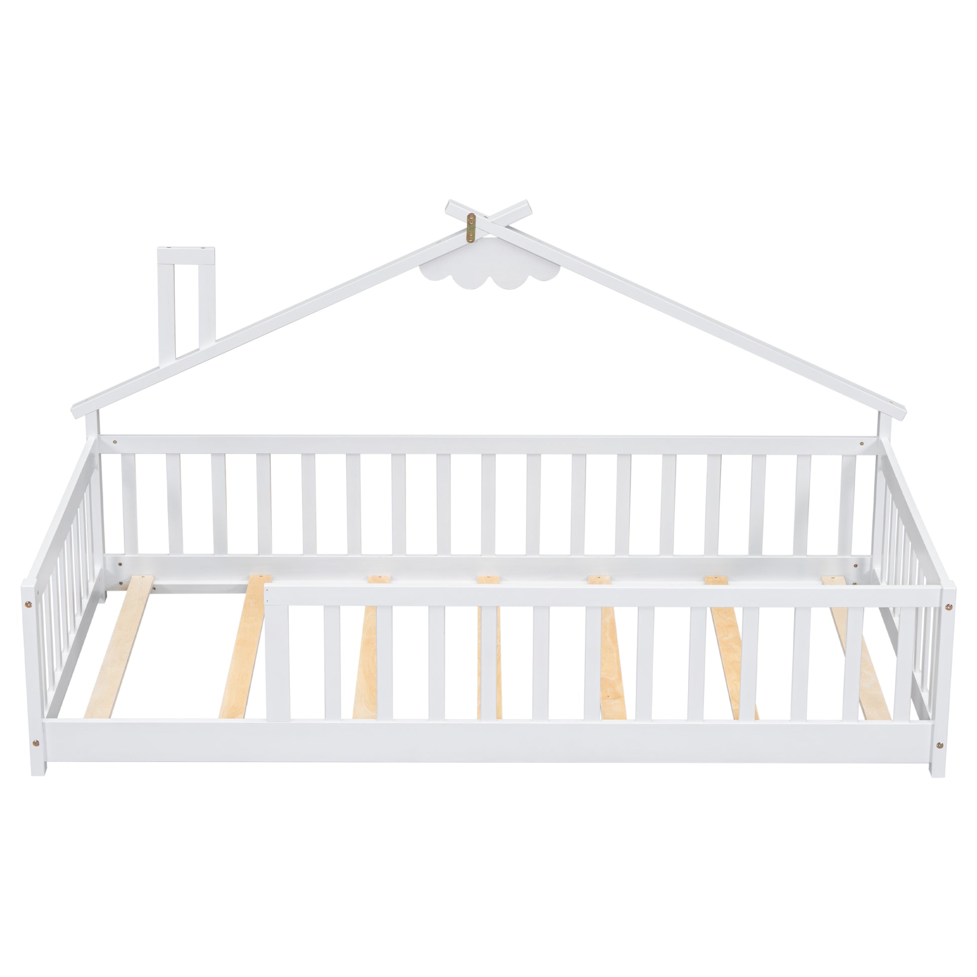 Twin House Shaped Bedside Floor Bed With Guardrails, Slats, Without Door,White Twin White American Design Pine