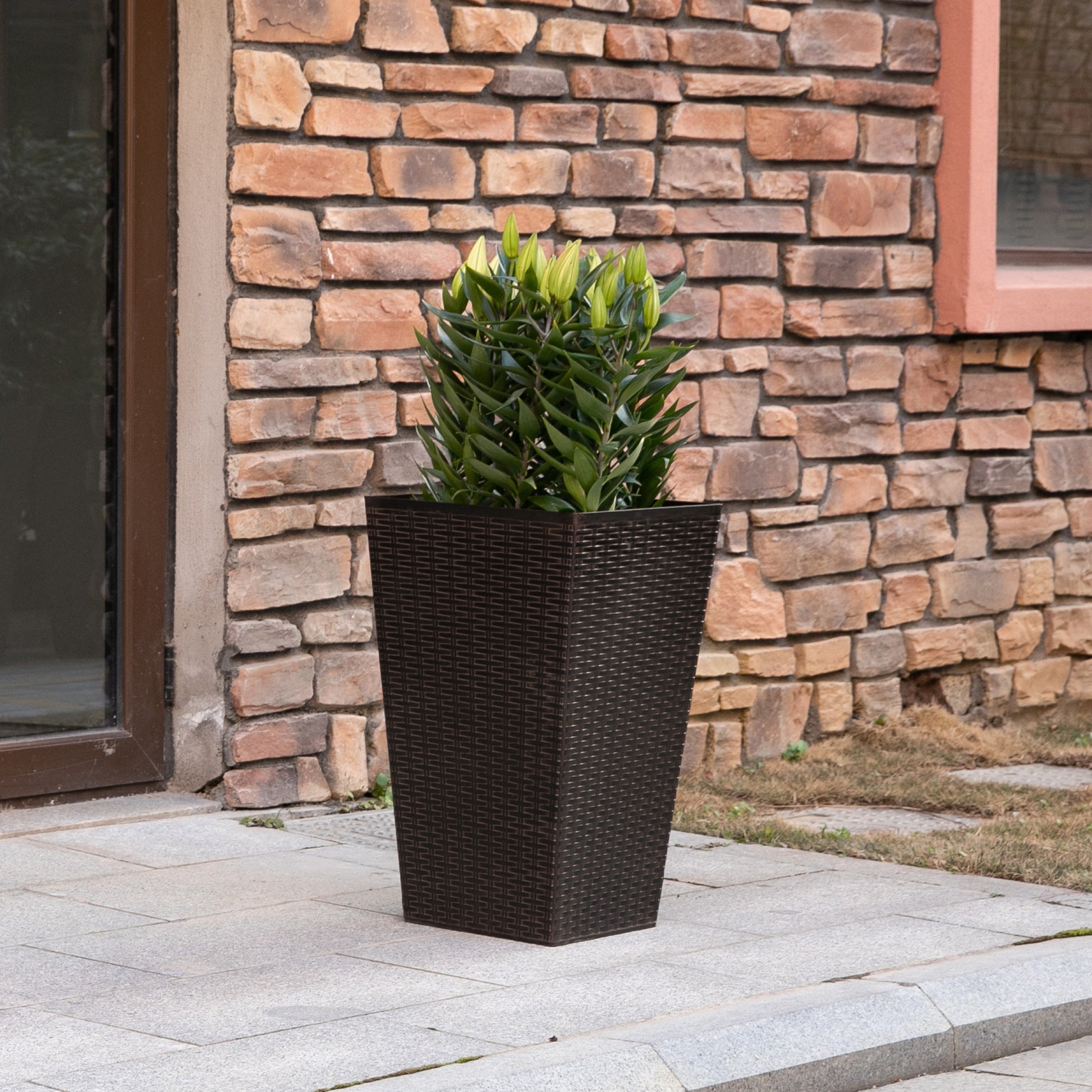 Outsunny Set Of 3 Tall Planters With Drainage Hole, Outdoor Flower Pots, Indoor Planters For Porch, Front Door, Entryway, Patio And Deck, Brown Brown Polypropylene