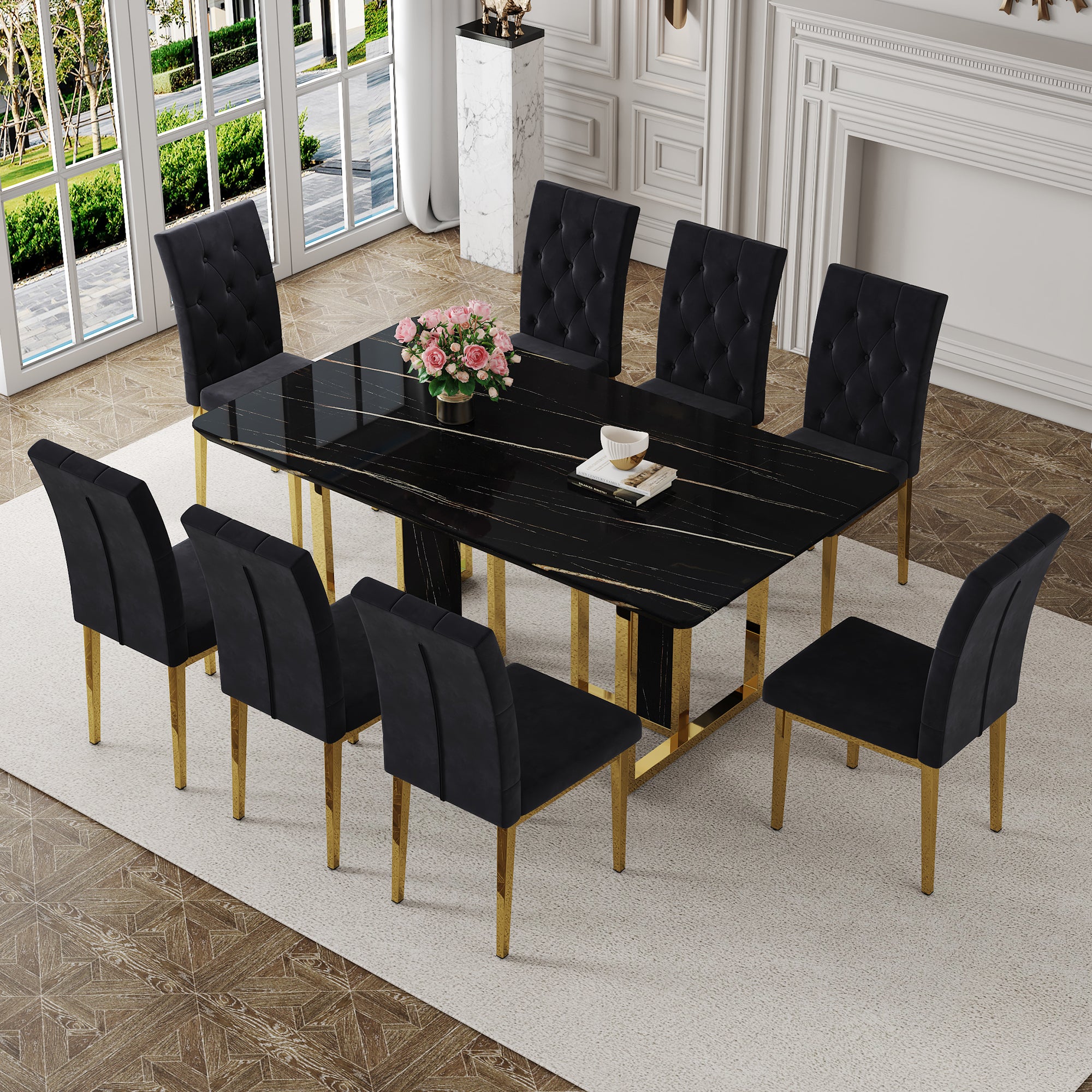 Table And Chair Set.Morden Luxurious Black Rectangular Patterned Dining Table With Glass Tabletop.Paried With 8 Dining Chairs, Modern Kitchen Upholstered High Backrest, Metal Leg. Black Gold Seats 8 Mdf Glass