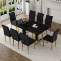 Table And Chair Set.Morden Luxurious Black Rectangular Patterned Dining Table With Glass Tabletop.Paried With 8 Dining Chairs, Modern Kitchen Upholstered High Backrest, Metal Leg. Black Gold Seats 8 Mdf Glass