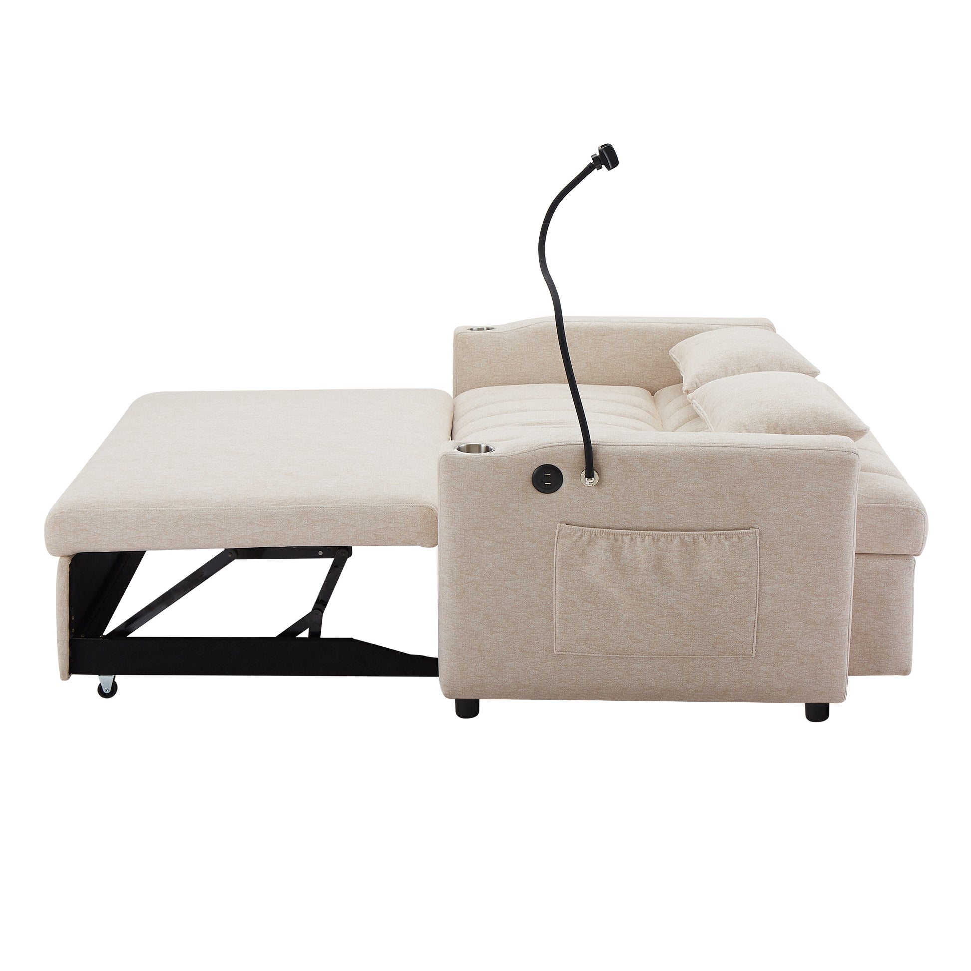 55.9" Convertible Sofa Bed Loveseat Sofa With Three Usb Ports, Two Side Pockets, Two Cup Holders And 360 Swivel Phone Holder For Living Room, Beige Beige Foam Polyester