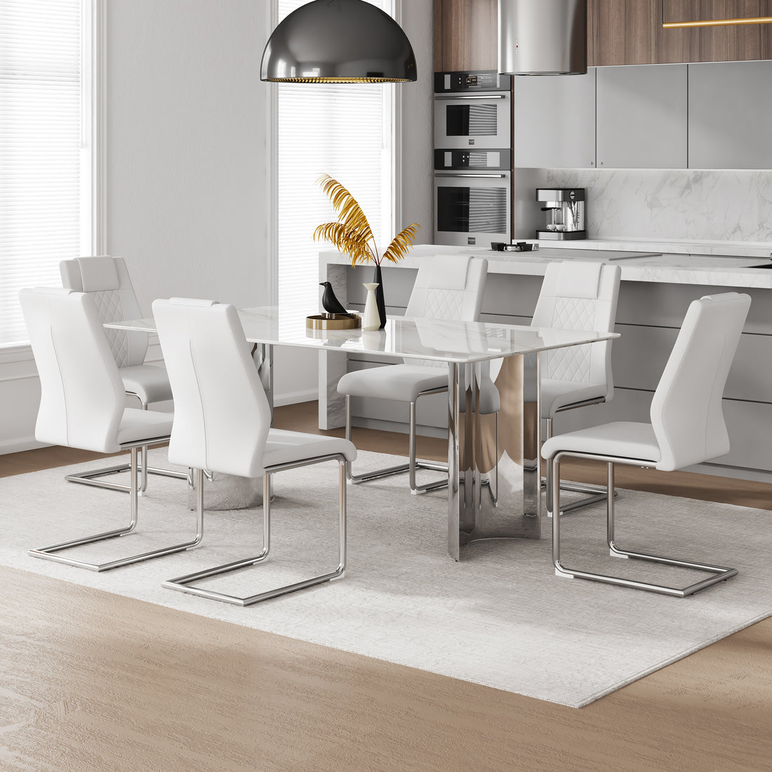 Table And Chair Set, Modern And Minimalist Dining Table. Imitation Marble Glass Sticker Desktop, Stainless Steel Legs, Stable And Beautiful. Comfortable Pu Seats. Dt 69 Silver Glass