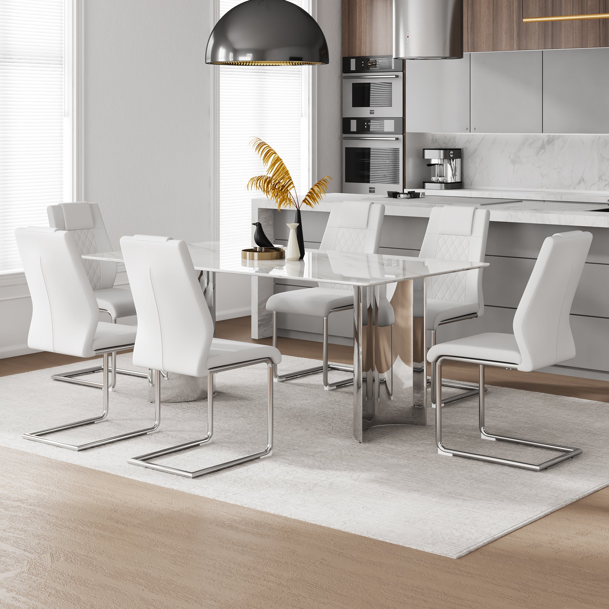Table And Chair Set, Modern And Minimalist Dining Table. Imitation Marble Glass Sticker Desktop, Stainless Steel Legs, Stable And Beautiful. Comfortable Pu Seats. Dt 69 Silver Glass