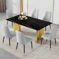 Table And Chair Set.The Table Has A Glass Top With Imitation Marble Pattern Stickers And Stainless Steel Golden Legs. Paried With Chairs With Pu Artificial Leather Backrest Cushions And Black Legs. Black Gold Seats 6 Glass Metal