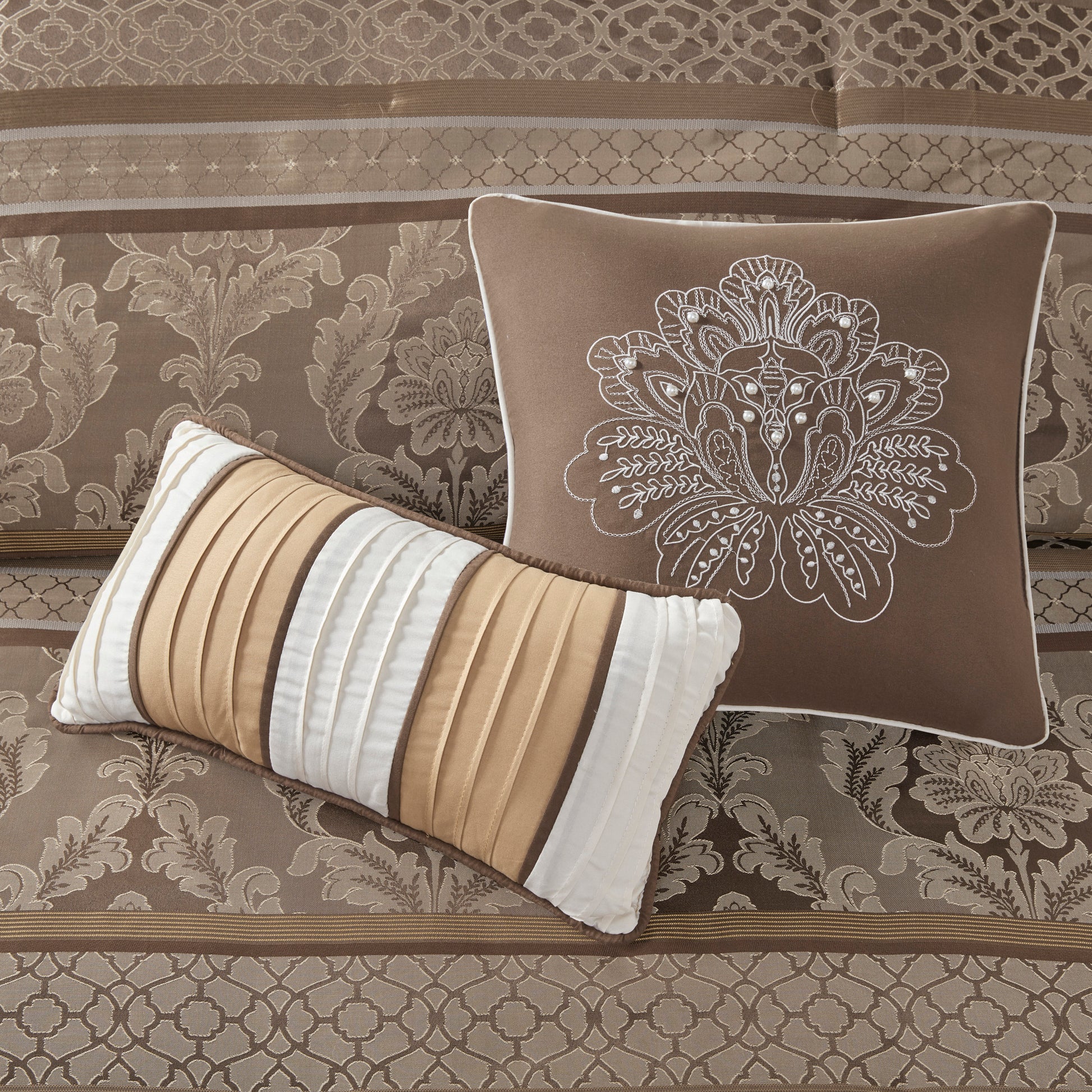 7 Piece Jacquard Comforter Set Brown Gold King King Brown Gold Polyester