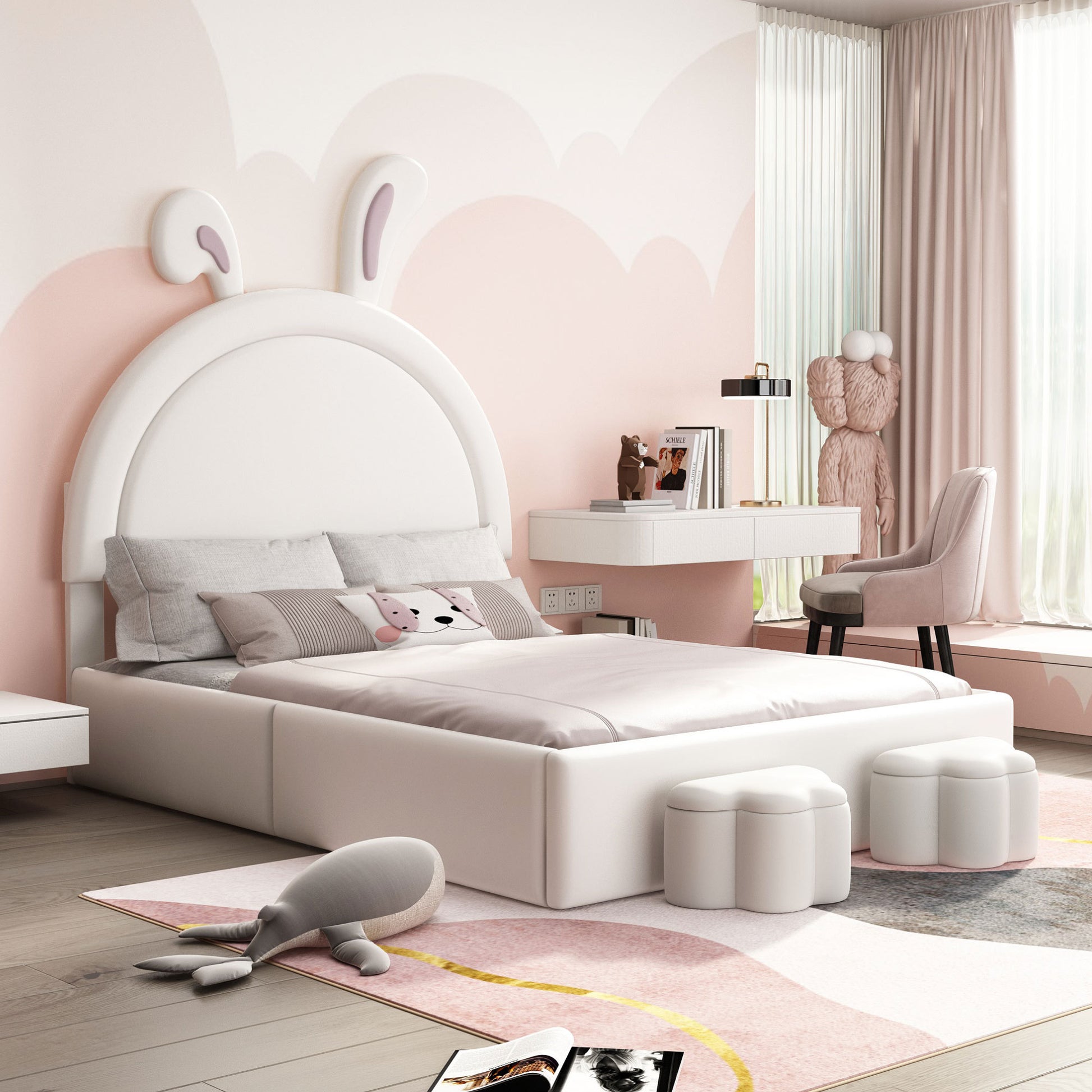 Full Size Upholstered Rabbit Shape Bed With 2 Storage Stools, Velvet Platform Bed With Cartoon Ears Shaped Headboard, White Full White Wood
