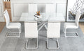 Table And Chair Set.Modern Luxurious Transparent Tempered Glass Dining Table Set.Paried With 6 Chairs With Pu Cushion And Silver C Tube Metal Legs. Transparent,White Seats 6 Glass Metal