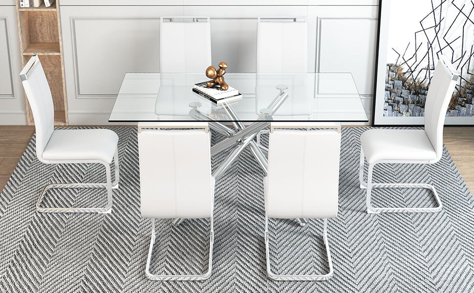 Table And Chair Set.Modern Luxurious Transparent Tempered Glass Dining Table Set.Paried With 6 Chairs With Pu Cushion And Silver C Tube Metal Legs. Transparent,White Seats 6 Glass Metal
