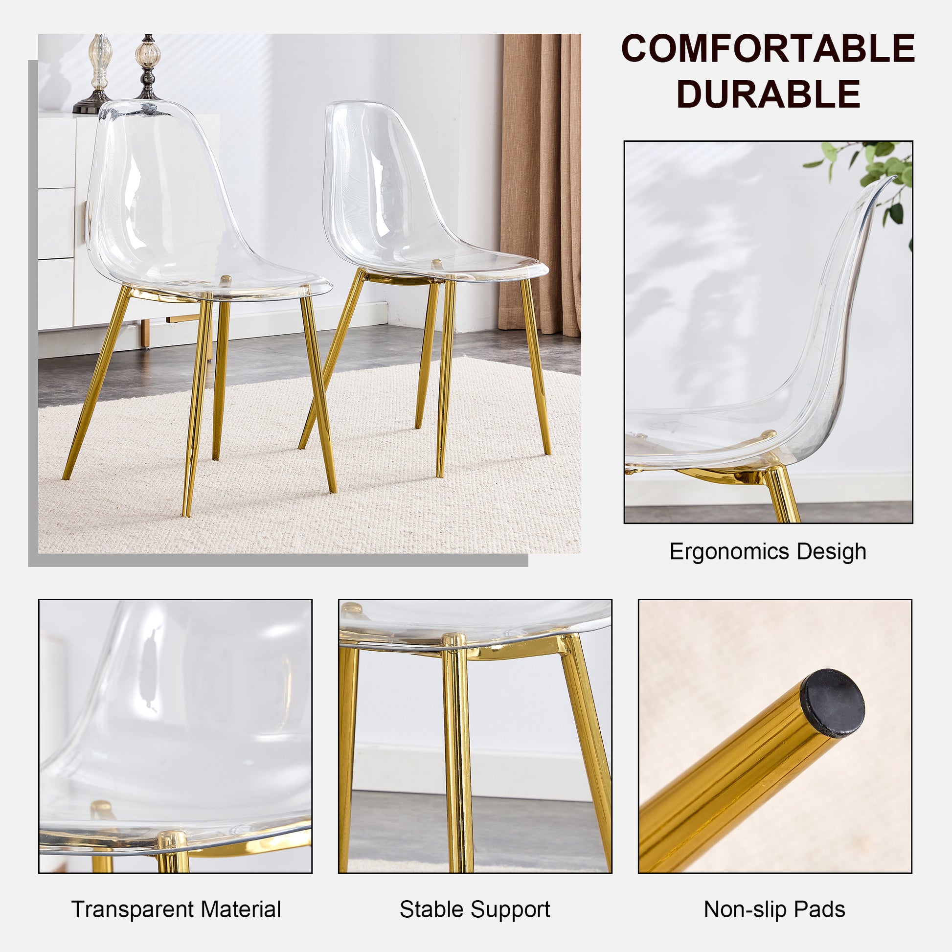 Table And Chair Set.Modern Rectangular Glass Dining Table With Tempered Glass Countertop And Golden Metal Legs, Paired With Multiple Transparent High Quality Pet Dining Chairs With Golden Legs. Gold Seats 8 Tempered Glass