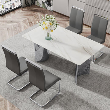 Modern Minimalist Dining Table. Imitation Marble Glass Sticker Desktop, Stainless Steel Legs, Stable And Beautiful. 4 Premium Pu Seats. 63 Inches * 35.4 Inches * 29.5 Inches Dt 69 C 1162 Silver Glass