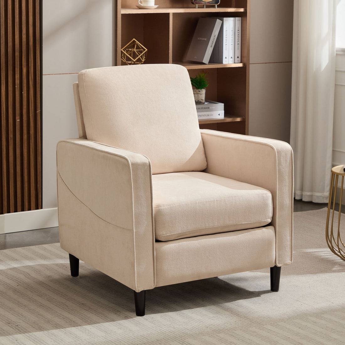 Mid Century Accent Chair ,Modern Linen Fabric Armchair For Living Room,Double Side Pockets, Comfortable And Padded Reading Feature Sofa Chair, Suitable For Bedrooms, Living Rooms, And Offices,Beige Beige Linen
