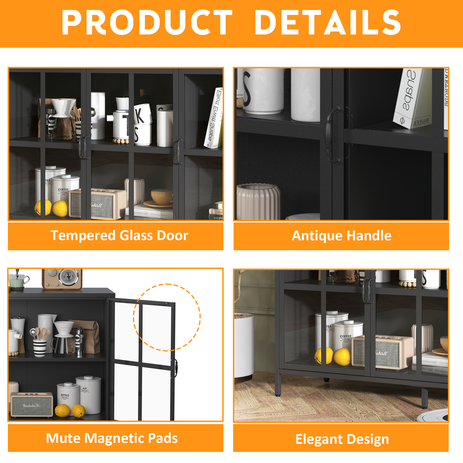 Heavy Duty Metal Modern Sideboard Buffet Cabinet With Storage Premium Steel Storage Cabinet ,Adjustable Feet,Glass Doors,Large Capacity Organizer For Living Room,Bed Room,Dining Room Black Kitchen