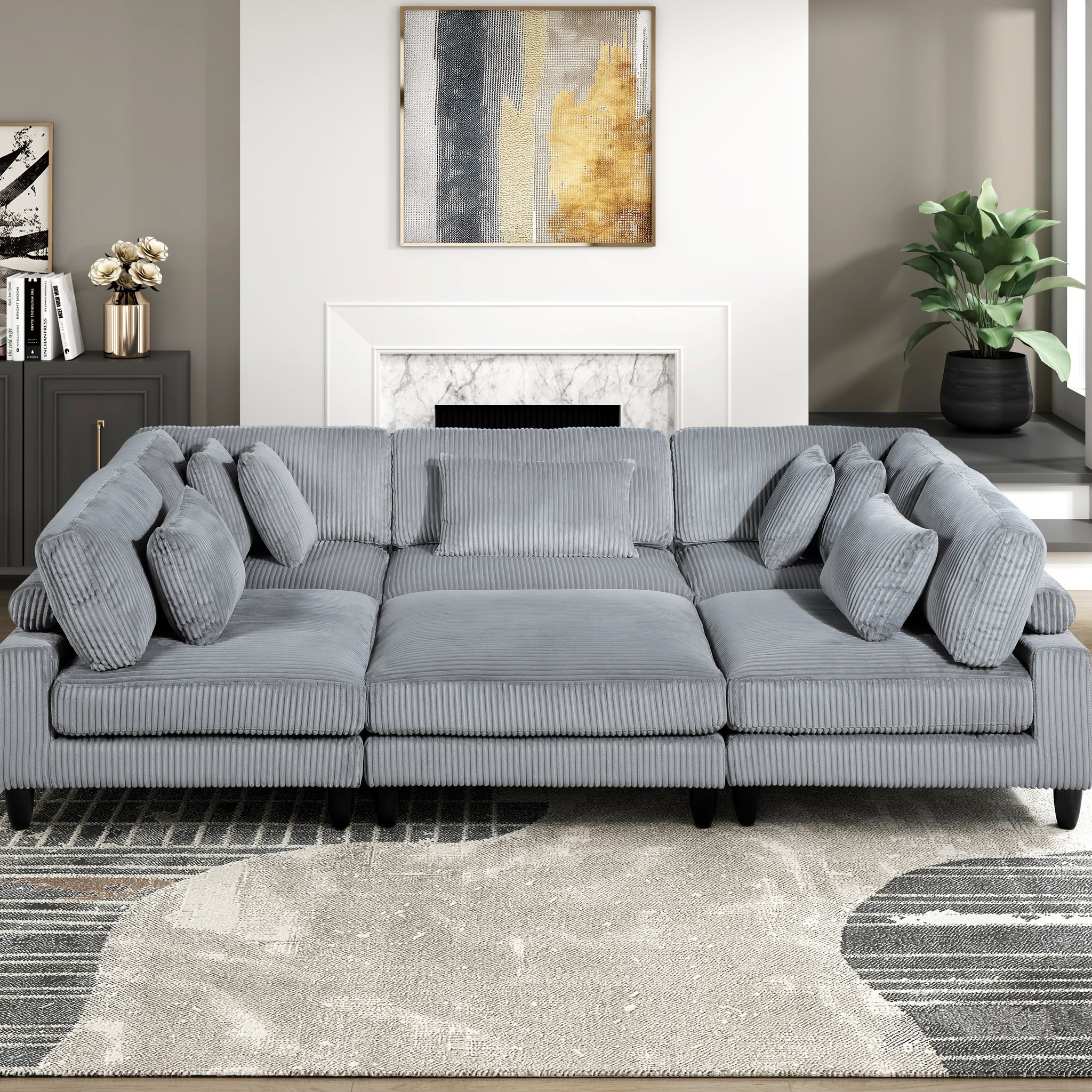 6Pc Modular Sectional Set Gray Corduroy Upholstery 3X Armless Chairs 2X Corner Seats 1X Ottoman Pillows Living Room Furniture Gray Corduroy Wood Primary Living Space Contemporary,Modern Modular