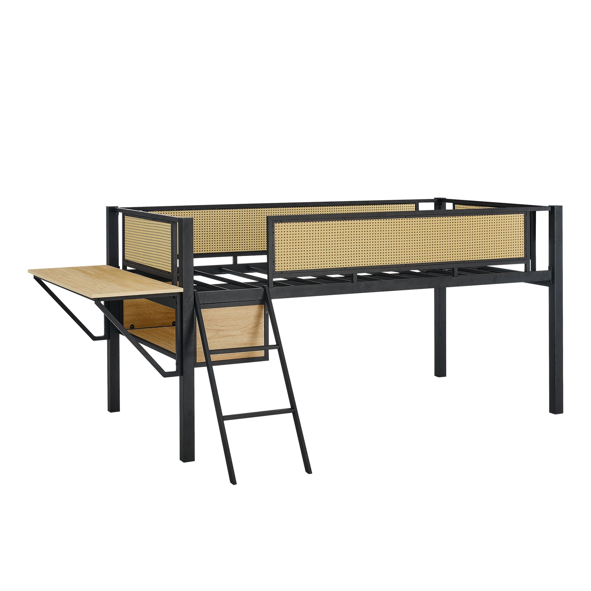 Single Metal Loft Bed With Rectangular Desk, Led Lights, Led Loft Bed Frame Double Bed With Storage Shelves And Hanging Storage Compartments, Safety Guard And Ladder, No Box Springs Required, Rattan G Twin Black Natural Mdf Iron