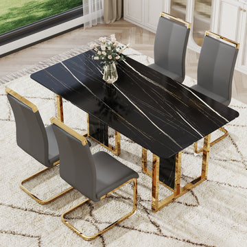 Table And Chair Set. Modern Dining Table With Mdf Top And Beautiful Mdf Legs. Equipped With Comfortable Pu Chairs And Metal Legs. Suitable For A Wide Range Of Decorative Styles. Black,Gray Seats 4 Mdf