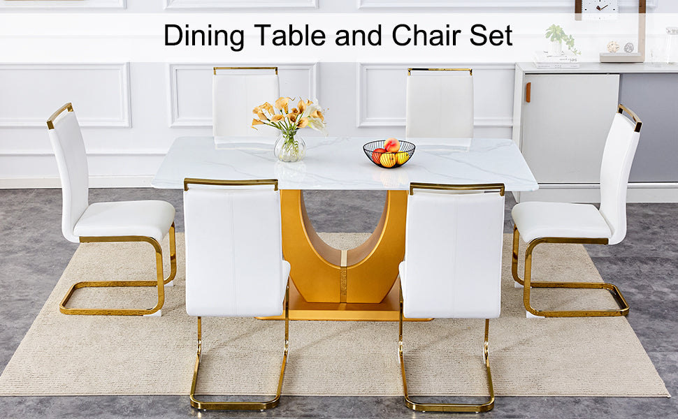 Table And Chair Set, Modern Minimalism And Luxurious White Rectangular Pattern Dining Table. Soft And Comfortable Dining Chairs For Dining Rooms, Living Rooms, Terraces And Kitchens. White Seats 6 Mdf Glass