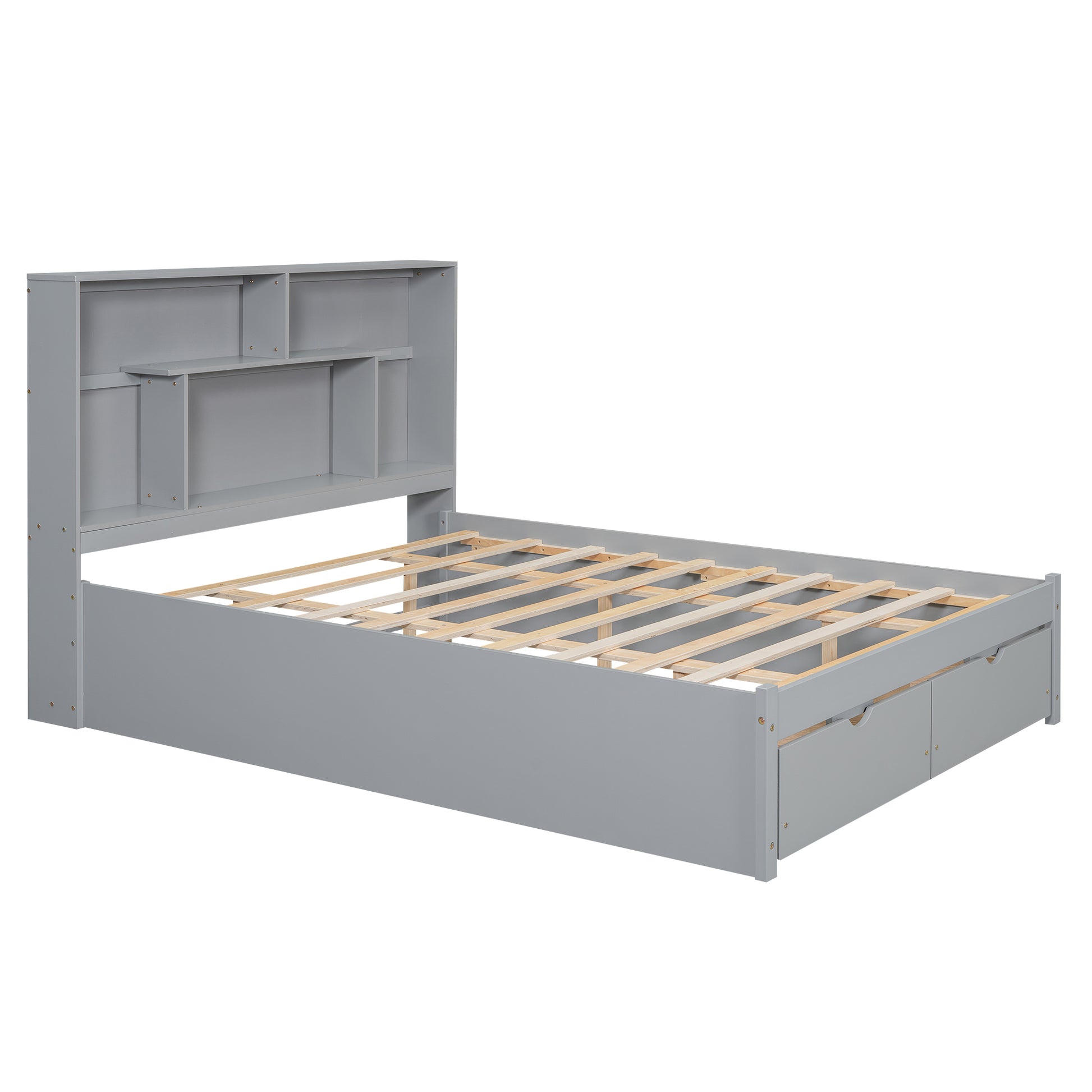 Queen Size Platform Bed With Storage Headboard And 2 Drawers, Gray Box Spring Not Required Queen Gray Wood Bedroom Bed Frame Solid Wood Mdf