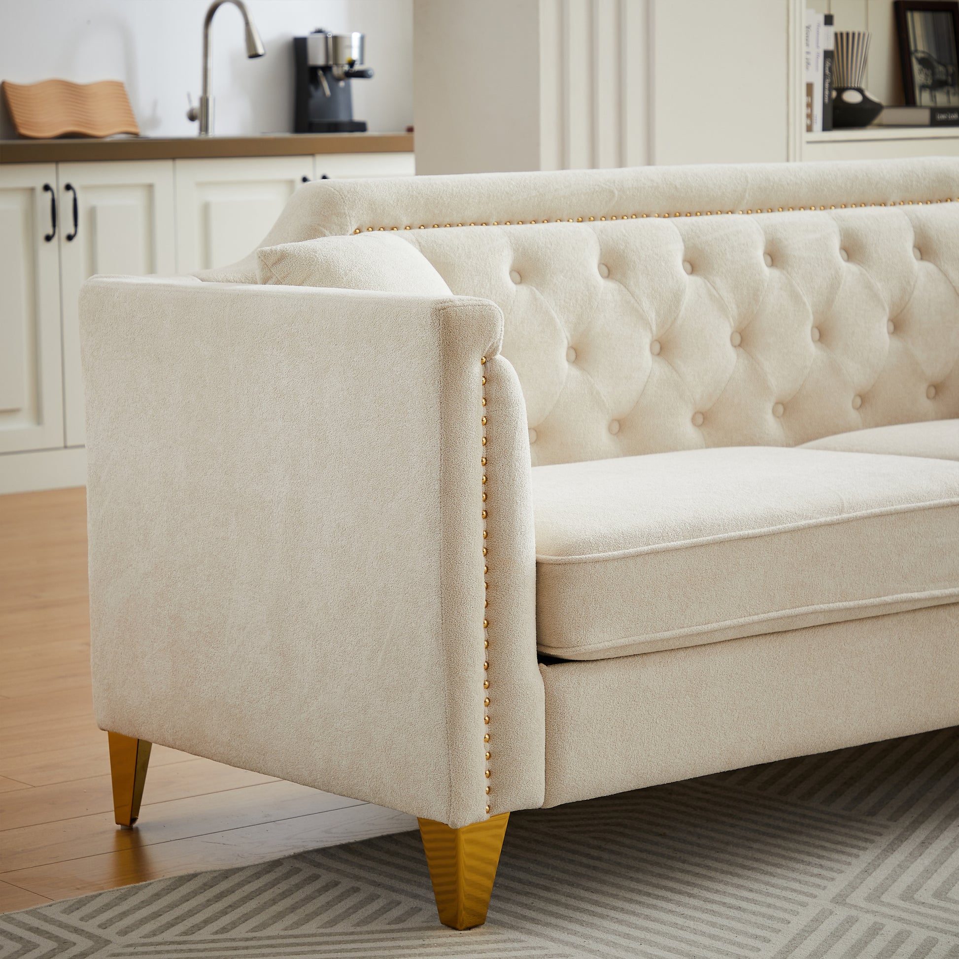 Fx 81"Mid Century Design Modern Sofa,Chenille Pull Buckle Design Sofa For Living Room,Buttons Tufted With Copper Nail Decoration Armrest, With 2 Pillows,Modern Couch Upholstered Button And Metal Leg Beige Chenille Pine Foam Fabric 3 Seat