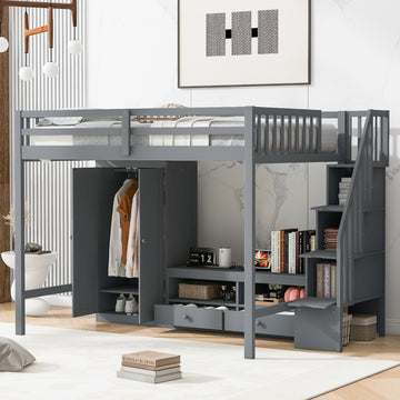 Full Size Loft Bed Frame With Wardrobe,Low Storage Table And Storage Staircase,Gray Gray Solid Wood Mdf