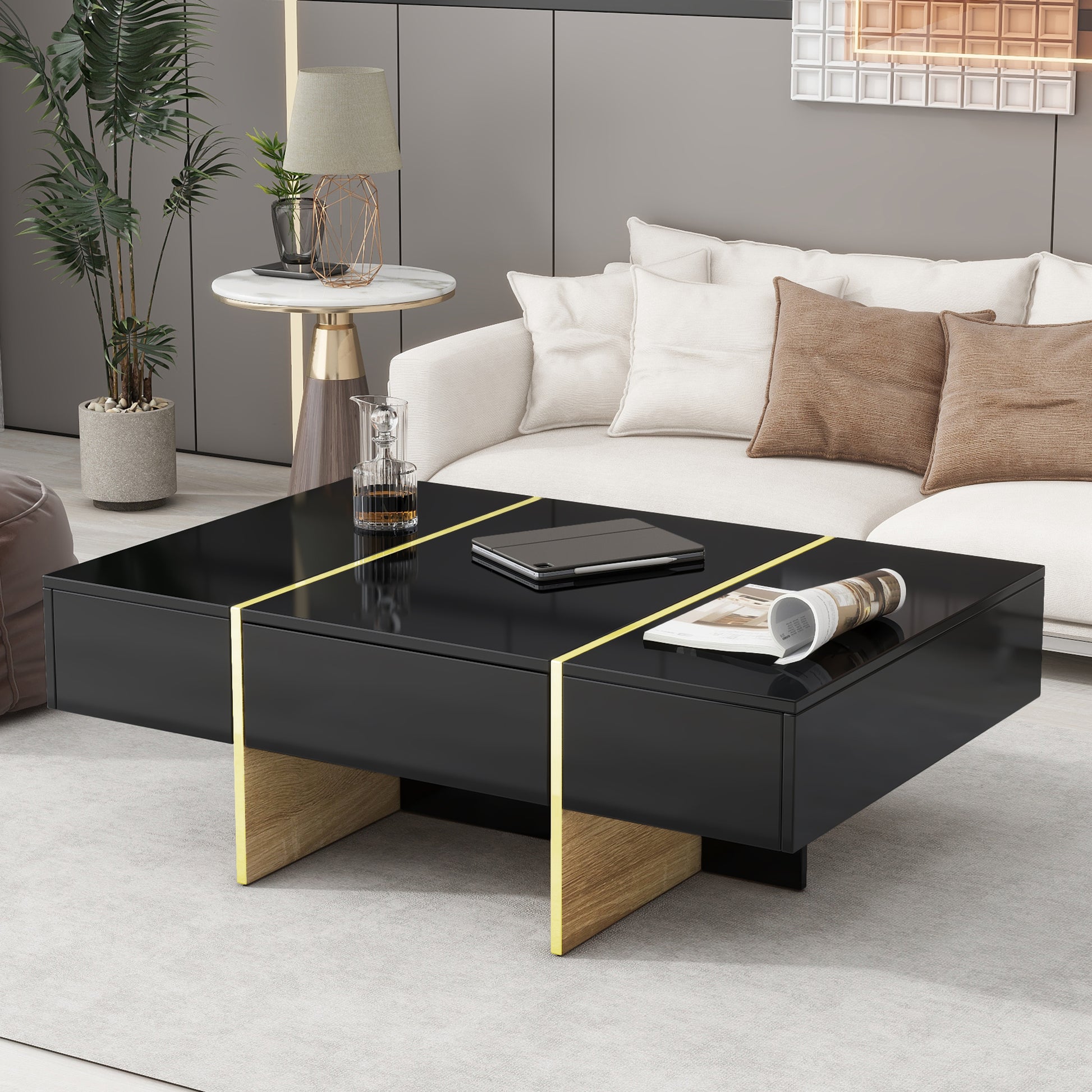 47.2'' X 31.4''Minimalist High Gloss Coffee Table With 2 Drawers, Multi Storage Rectangle Sofa Table With Golden Wood Grain Legs, Modern Center Table For Living Room, Black Black Particle Board Mdf