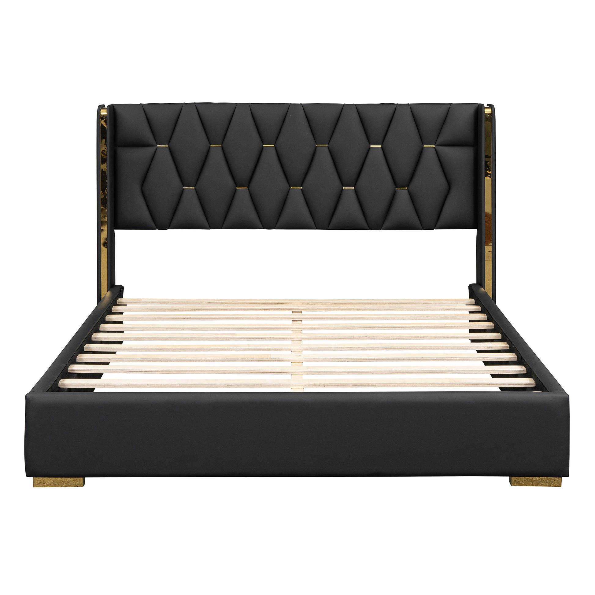 Queen Size Upholstered Platform Bed With Metal Strips, Black Queen Black Pu