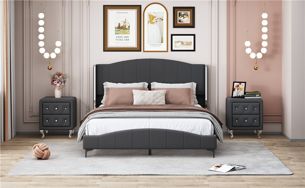 3 Pieces Bedroom Set With Queen Size Pu Leather Upholstered Platform Bed And Elegant Pu Nightstand With 2 Drawersblack Box Spring Not Required Queen Black 3 Piece Set Pu