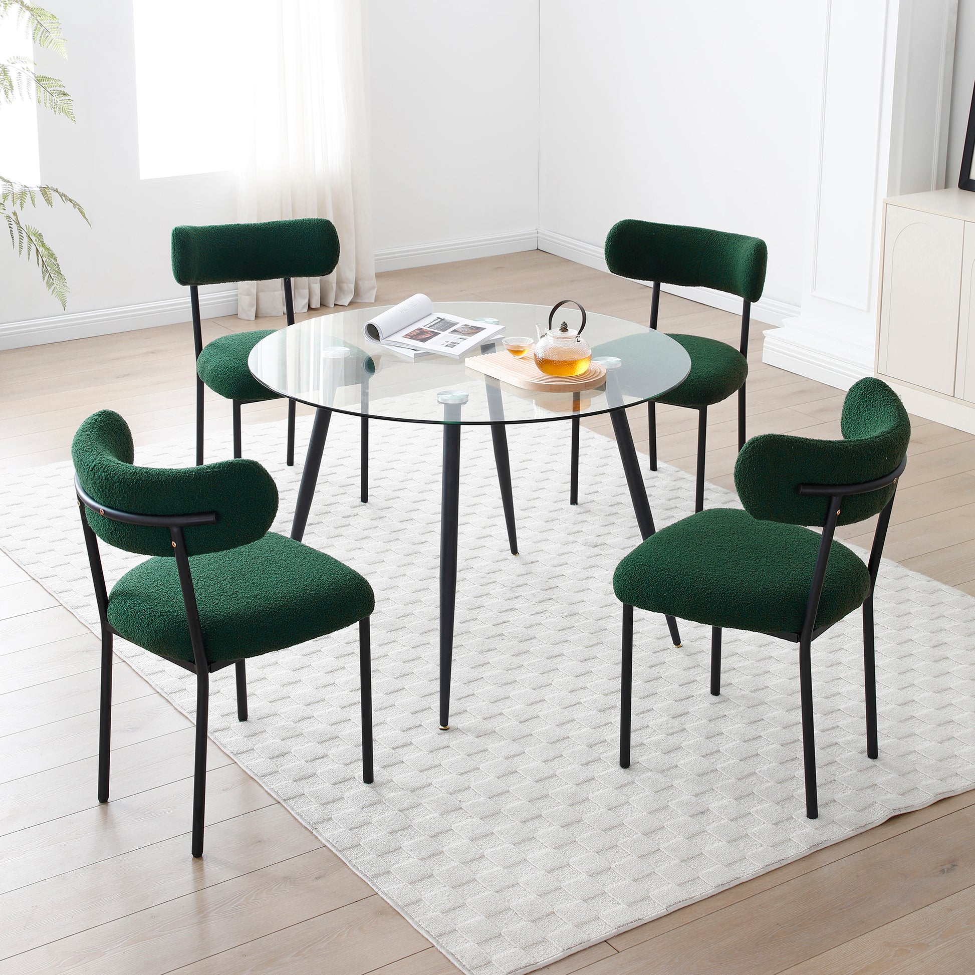 Dining Chairs Set Of 2,Round Upholstered Sherpa Fabric Dining Room Chairs With Curved Backrest,Mid Century Modern Accent Chairs With Black Metal Adjustable Legs For Dining Room,Living Room,Kitchen Green Foam Teddy