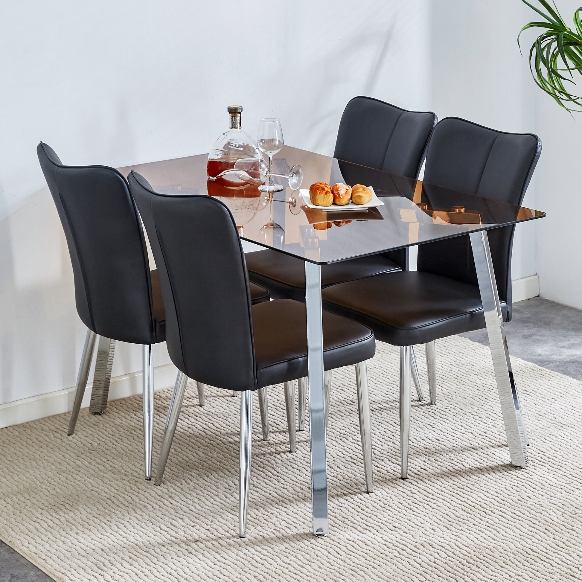 Table And Chair Set. Large Modern Rectangular Table With Brown Glass Top And Silver Metal Legs. It Comes With Soft And Comfortable Pu Seats, Faux Leather Upholstered Seats And Silver Metal Legs. Black,Brown Seats 4 Glass Metal
