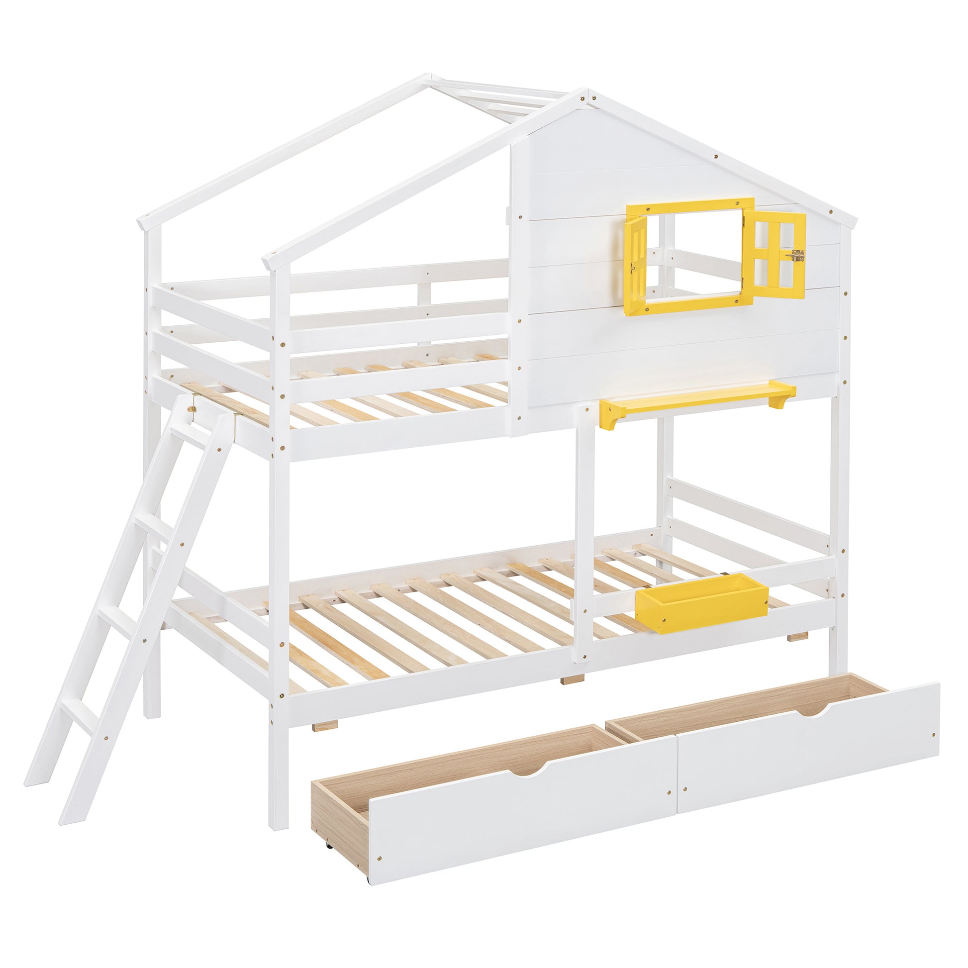 Twin Over Twin Bunk Bed With 2 Drawers, 1 Storage Box, 1 Shelf, Window And Roof White Old Sku:Lt001608Aak Twin White Solid Wood