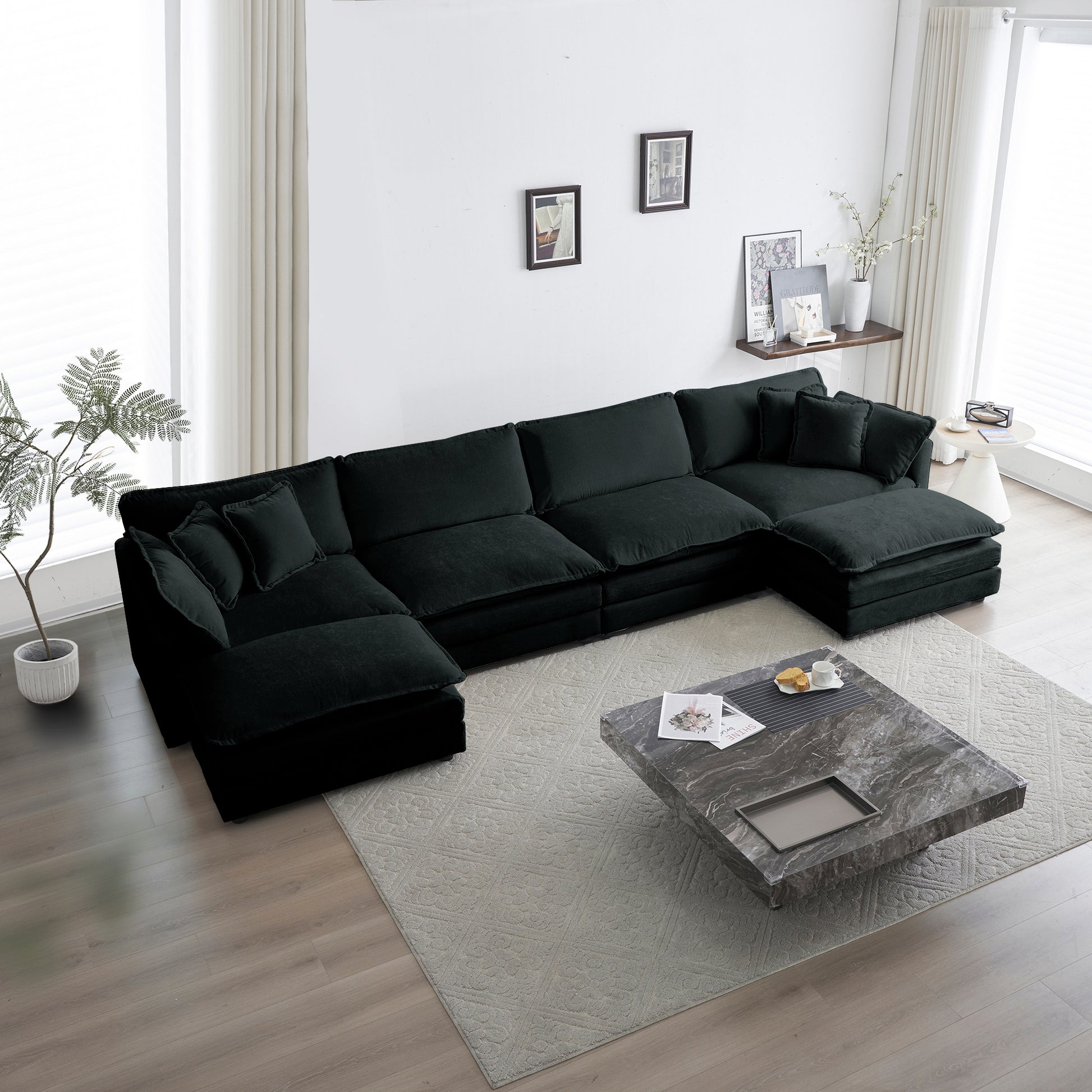 Comfort U Shaped Couch With Reversible Chaise, Modular Large U Shape Sectional Sofa, Double Extra Ottomans,Black Chenille Black Chenille 4 Seat