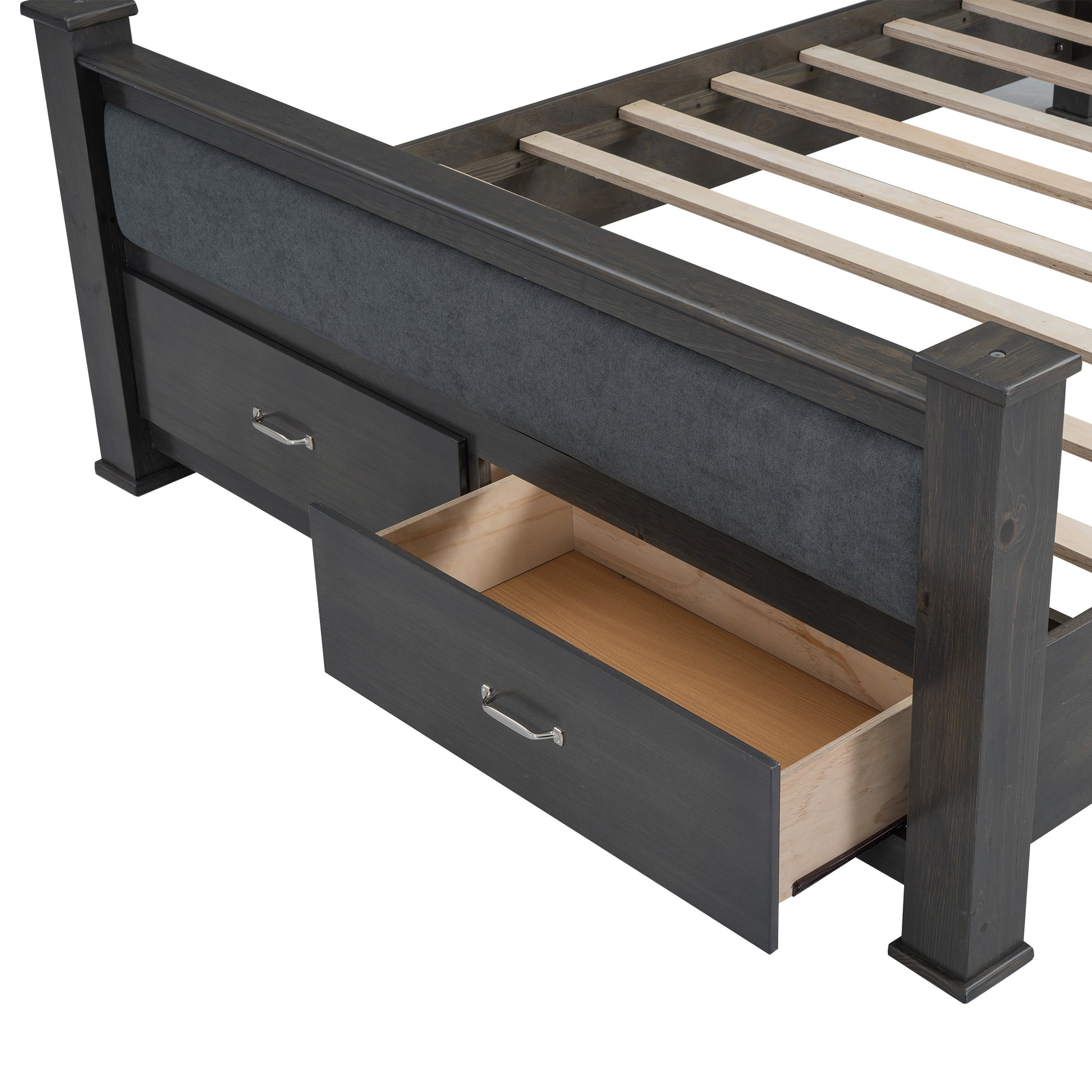 Queen Size Wood Frame Platform Bed With Upholstered Headboard, Footboard And 2 Drawers, Antique Gray Box Spring Not Required Queen Antique Gray Wood Bed Frame Solid Wood Mdf