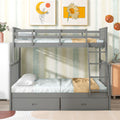 Twin Over Full Bunk Bed With Storage Drawers, Wooden Bunk Bed With Ladder And Safety Guard Rails Gray Full Gray Wood