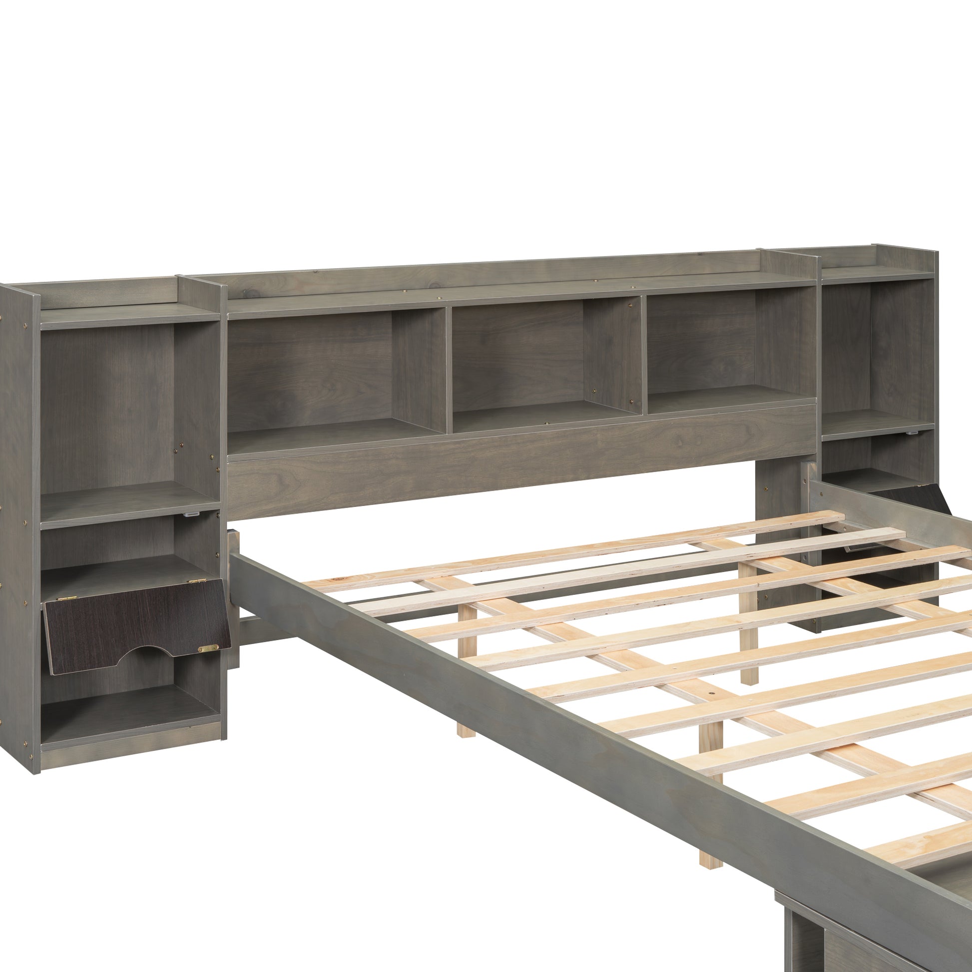 Queen Size Wood Platform Bed With Multi Storage Headboard And A Drawer, Gray Box Spring Not Required Queen Gray Wood Bedroom Bed Frame Solid Wood Mdf