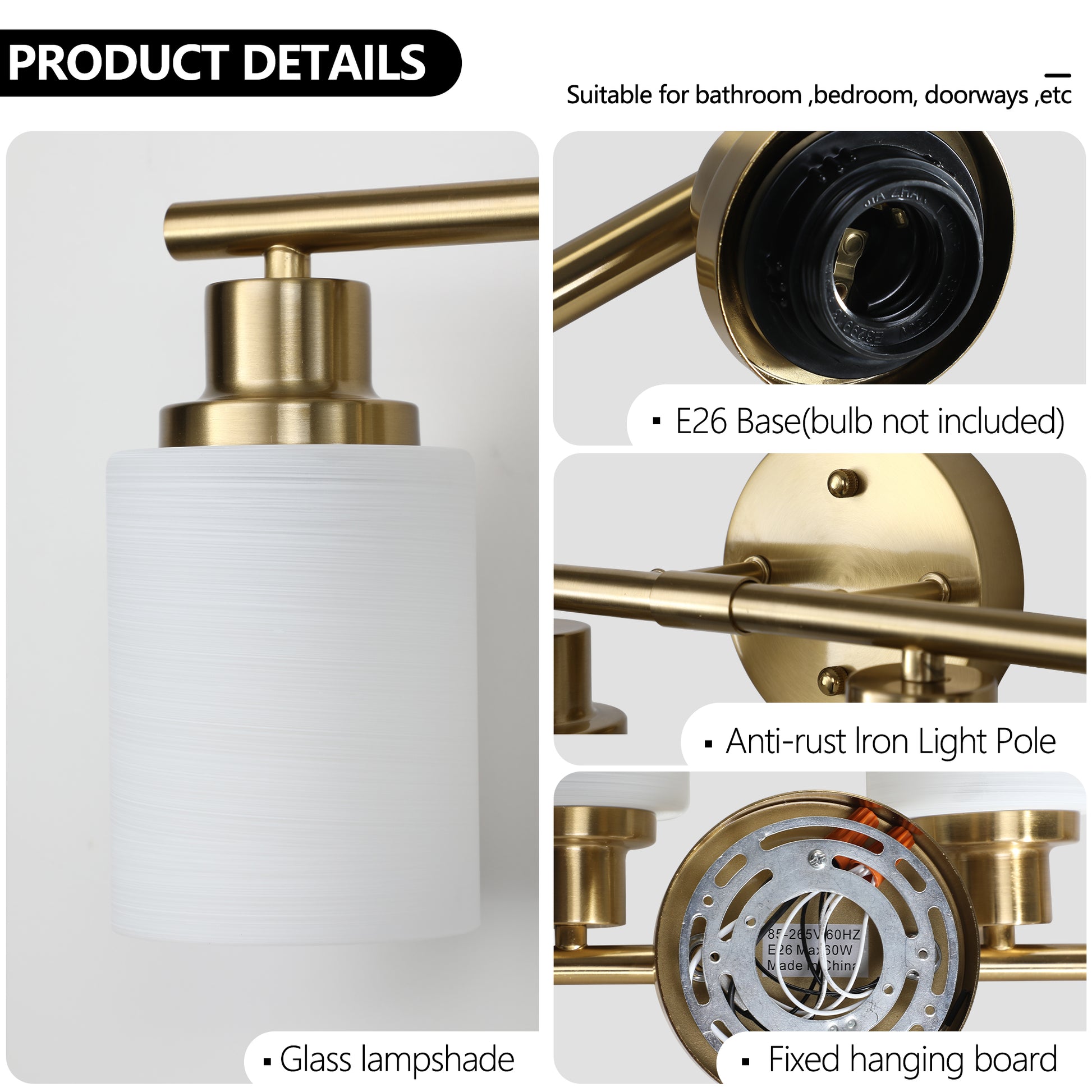 5 Light Golden Bathroom Vanity Light Fixture, Frosted Glass Shades, Modern Wall Mounted Lighting No Bulbs Golden Glass Iron