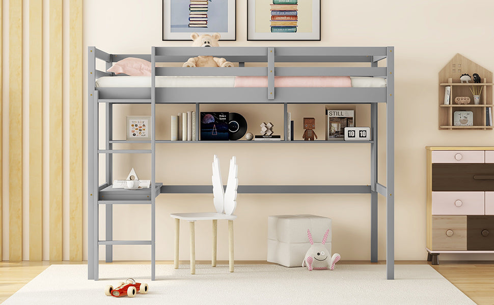 Twin Size Loft Bed With Desk And Shelves, Safety Guardrail And Ladder,Grey Twin Grey Pine