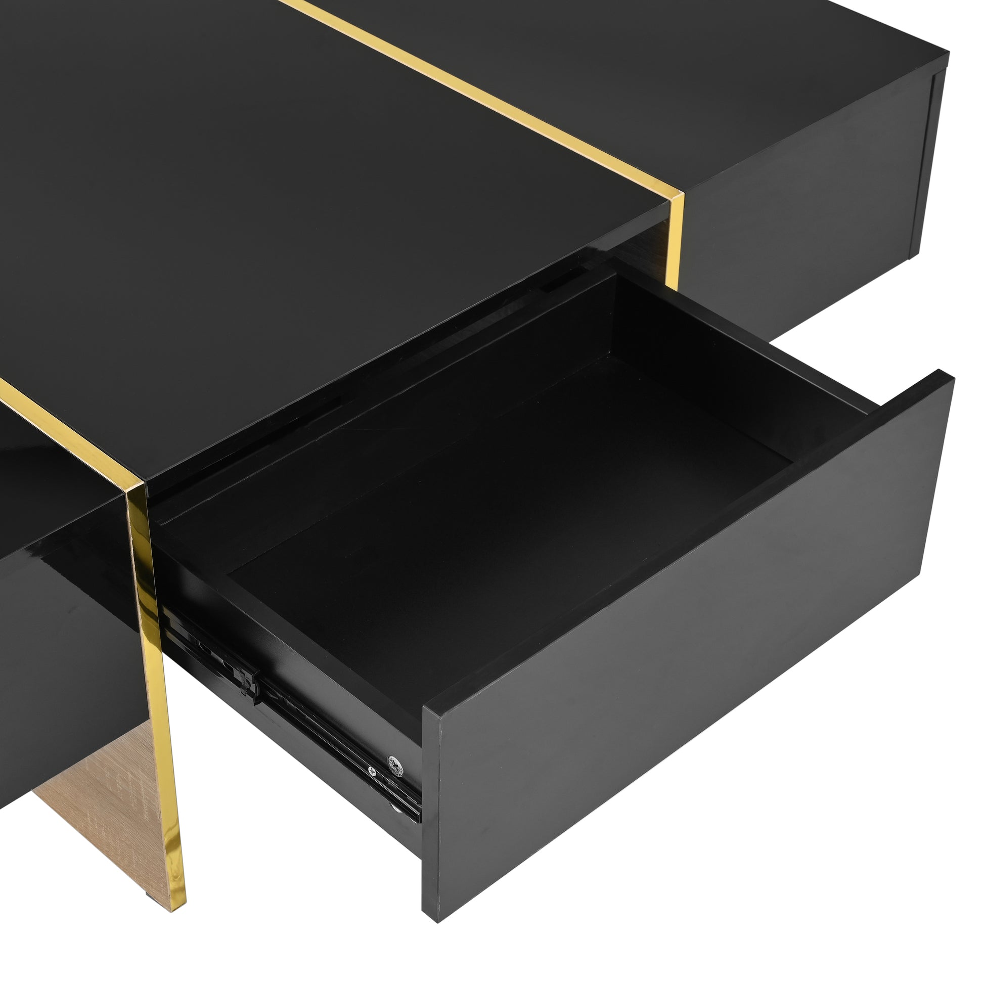 47.2'' X 31.4''Minimalist High Gloss Coffee Table With 2 Drawers, Multi Storage Rectangle Sofa Table With Golden Wood Grain Legs, Modern Center Table For Living Room, Black Black Particle Board Mdf