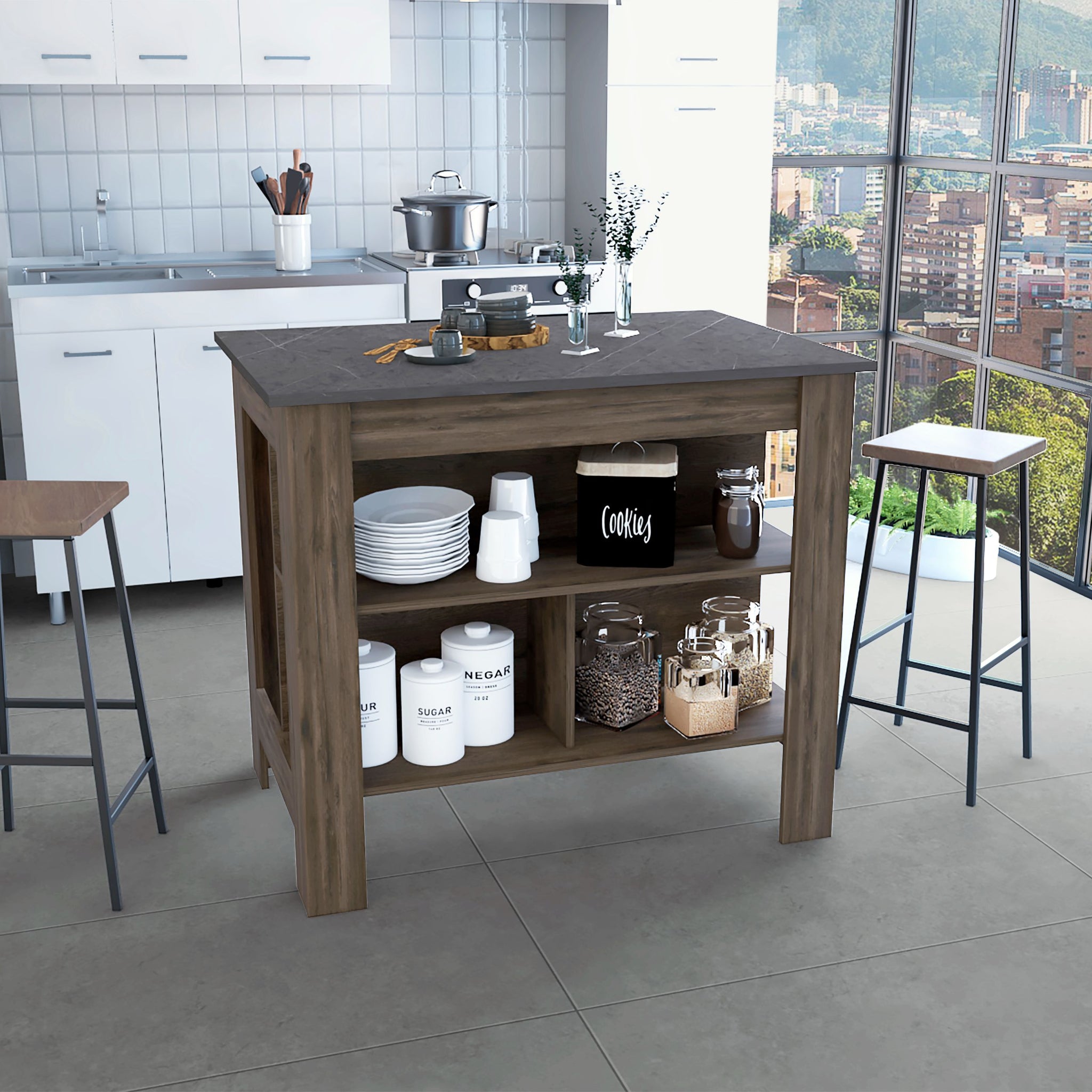 Kitchen Island, Kitchen Table 35" H, Four Legs, Three Open Storage Shelves, Dark Brown Onix Multicolor Particle Board Particle Board