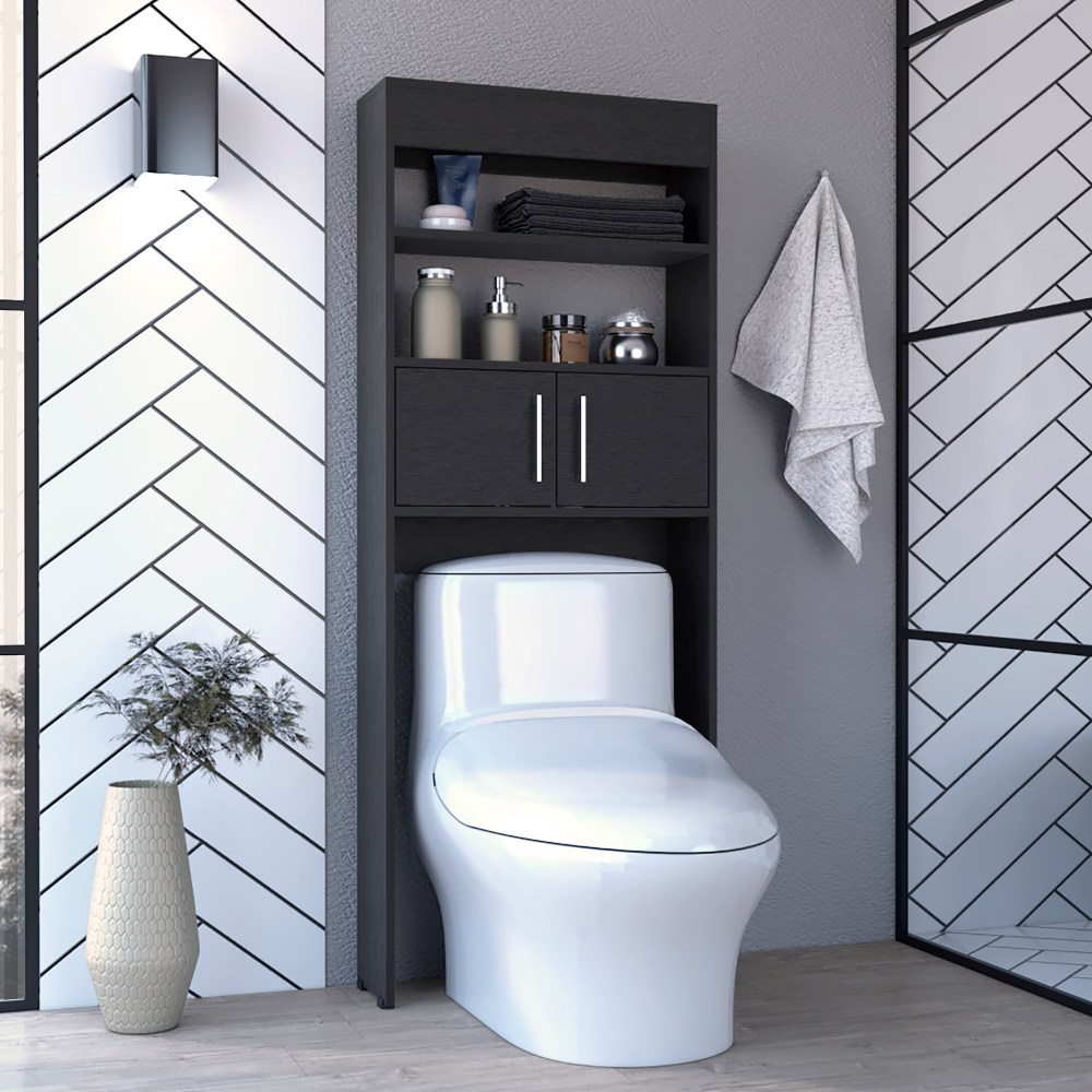 63H" Over The Toilet Cabinet, Two Shelves, Double Door, Black Black Particle Board Particle Board