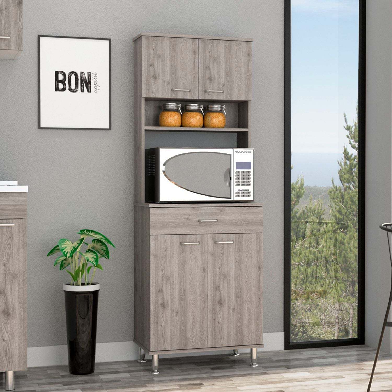 Pantry Cabinet 67" H, Four Doors, One Drawer, Three Internal Shelves, 2 External Storage Shelves, Microwave Storage Option, Four Legs, Light Gray Gray Particle Board Particle Board