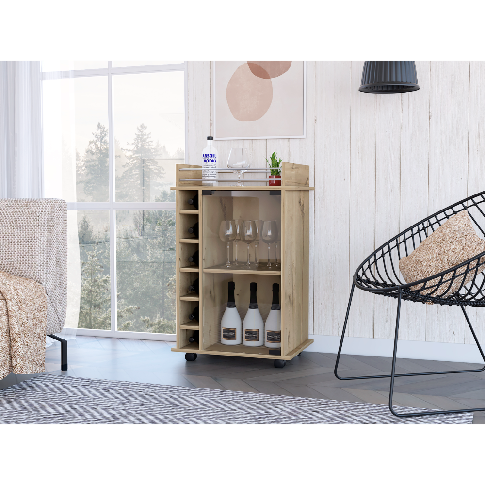 Bar Cart, Glass Door, Four Casters, Two Shelves, Light Oak Beige Particle Board Particle Board