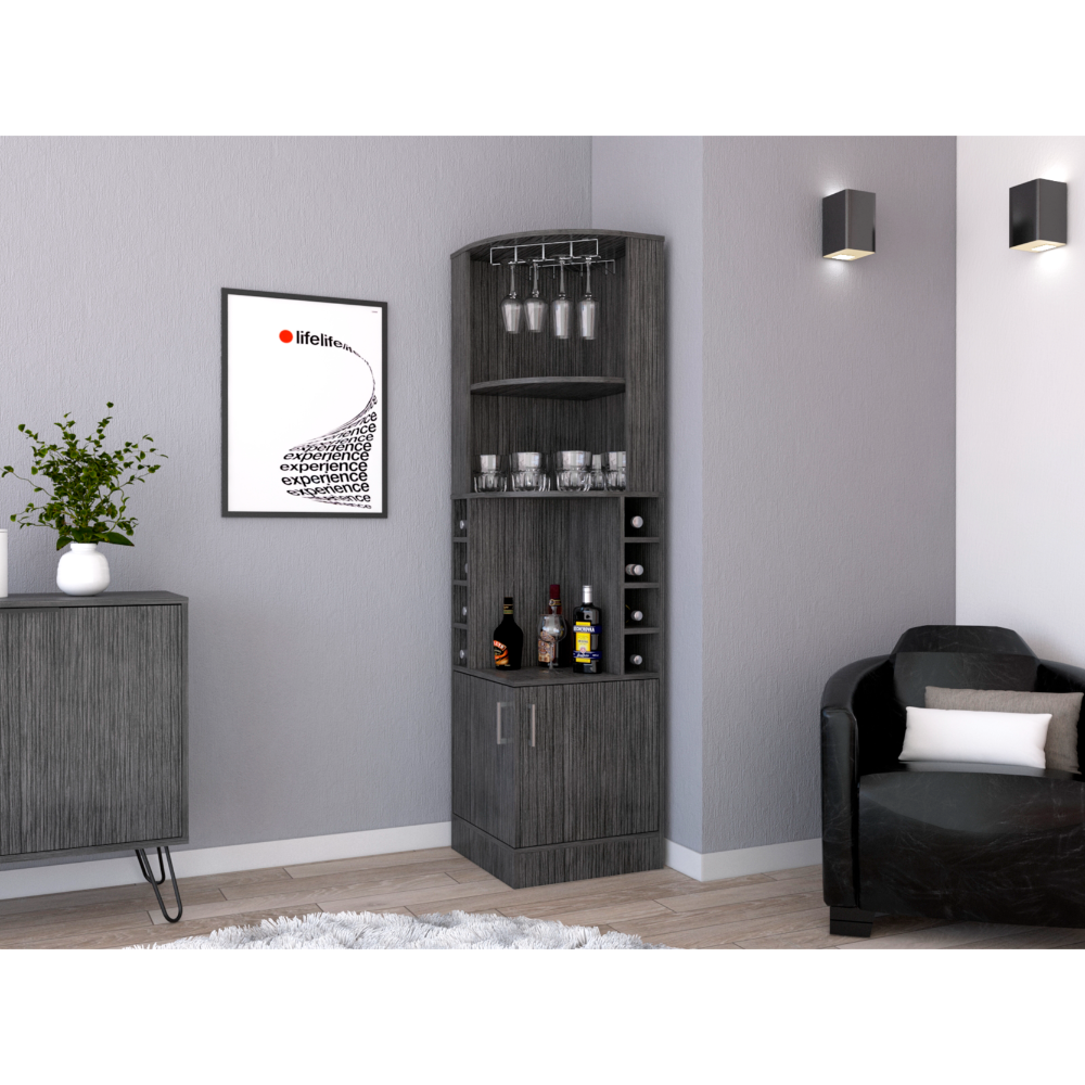 Corner Bar Cabinet 71" Hwith Two Shelves At The Top, 1 Glass Holder, 8 Exterior Bottle Racks, 1 Central Shelf And A Lower Drawer With 2 Side Doors, Smoke Oak Gray Particle Board Particle Board
