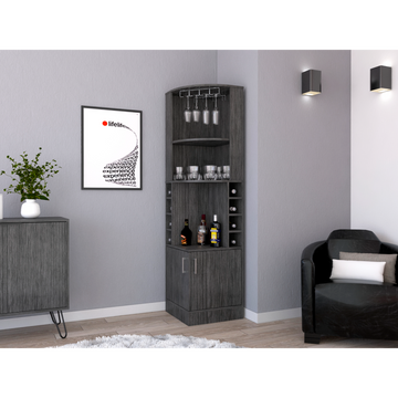 71" H Smoke Oak Corner Bar Cabinet, With Two Shelves At The Top, 1 Glass Holder, 8 Exterior Bottle Racks, 1 Central Shelf And A Lower Drawer With 2 Side Doors Gray Particle Board Particle Board
