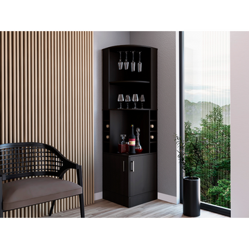 71" H Black Corner Bar Cabinet, With Two Shelves At The Top, 1 Glass Holder, 8 Exterior Bottle Racks, 1 Central Shelf And A Lower Drawer With 2 Side Doors Black Particle Board Particle Board