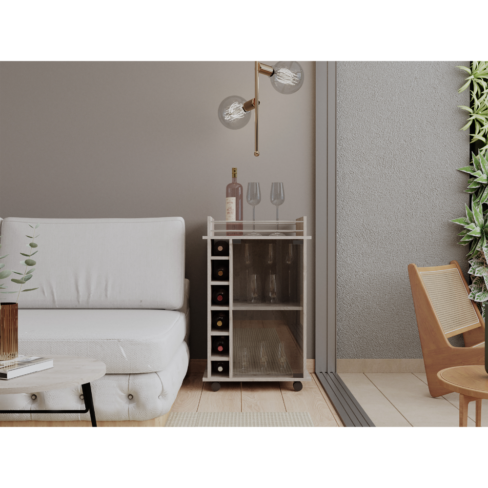 32" H Black Coffee Bar Cart, Kitchen Or Livingroom Storage With 4 Wheels, Division For 6 Bottles, 1 Internal Shelf With Capacity To Store Snacks, Bottles, Liquors Covered By A Glass Door Gray Particle Board Particle Board